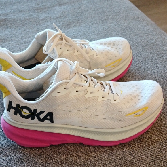 Hoka Women's White and Yellow Athletic Shoes with Pink Soles - Picture 3 of 15